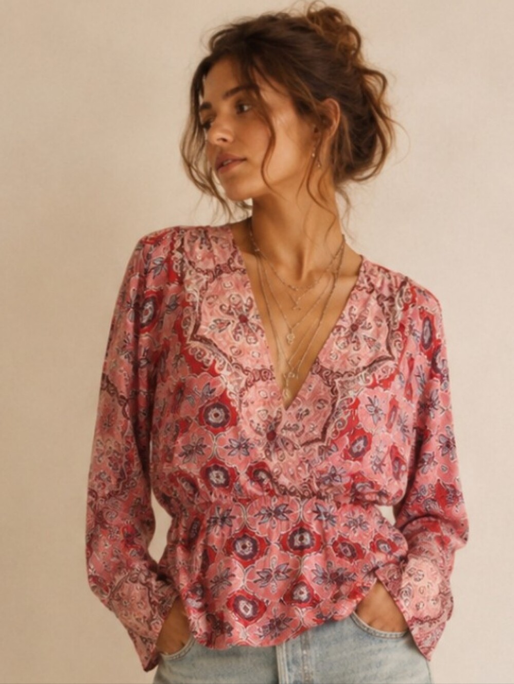 Free People Boho Paisley Floral Wrap Peplum Blouse Large EUC